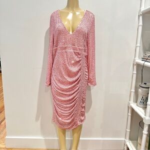 New Boohoo Pink Sequins Midi Dress Sz 14 Ruched Long Sleeves